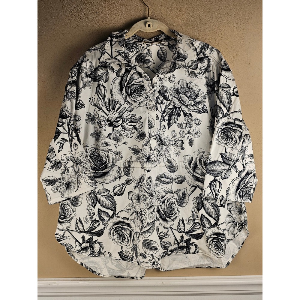 Carla Rockmore Collection Womens Black White Floral Cinch Waist Top Medium